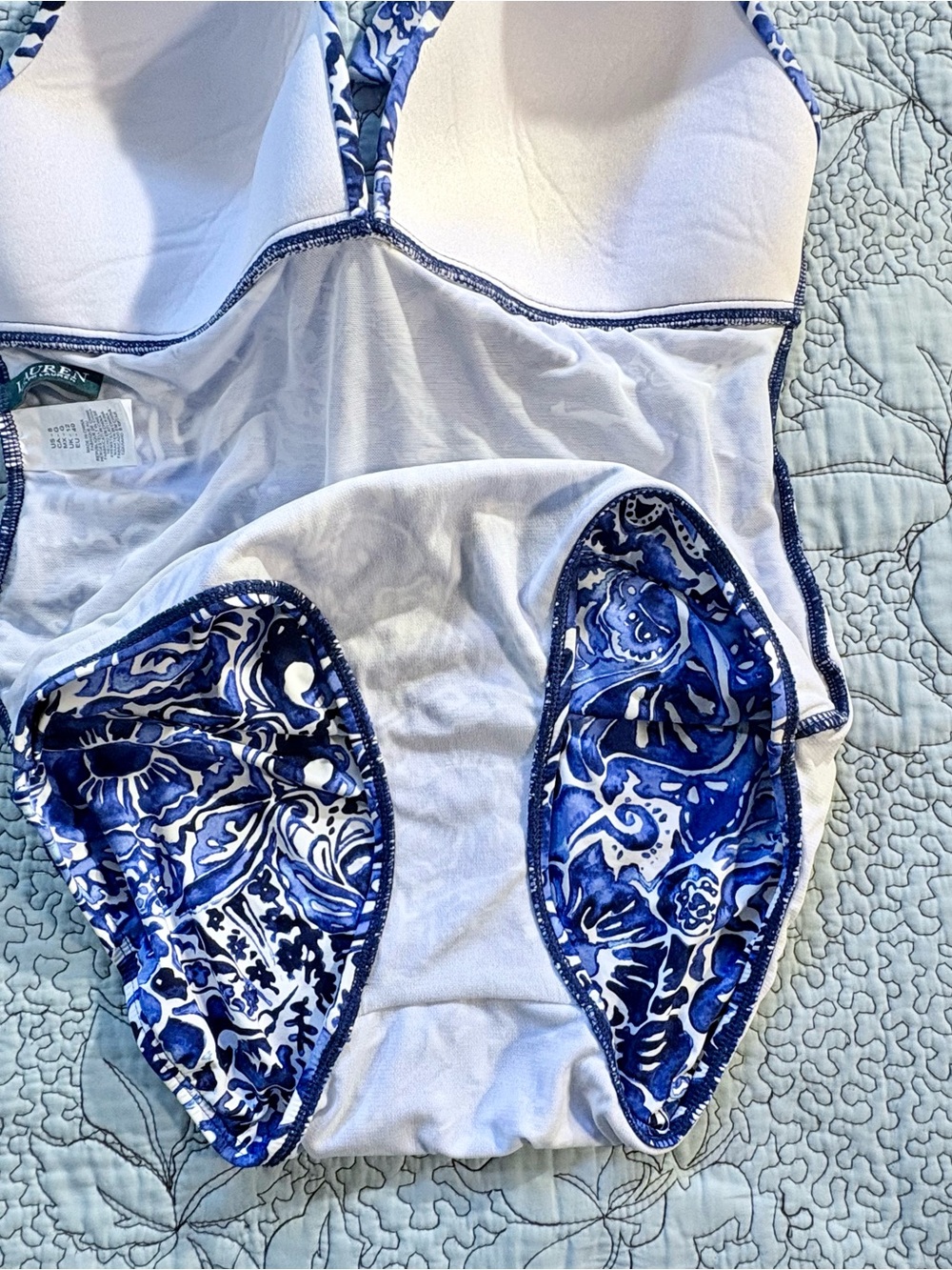 Lauren Ralph Lauren Blue White Floral Halter Swimsuit Tummy Control Ruched~8💛 - Picture 8 of 12